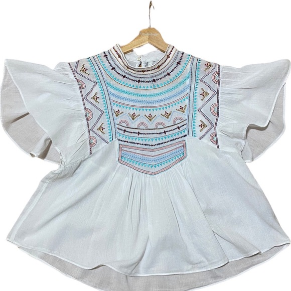 Zara Tops - Zara TRF Collection Boho Embroidered Angel Sleeve Baby Doll Top